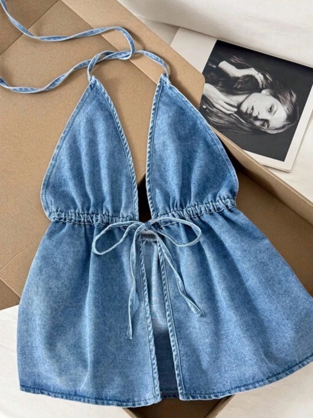 Denim Halter Tie-Front Crop Top
